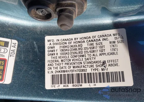 2015 Honda Cr-V Ex-L из США, поврежденный, VIN 2HKRM4H70FH700892